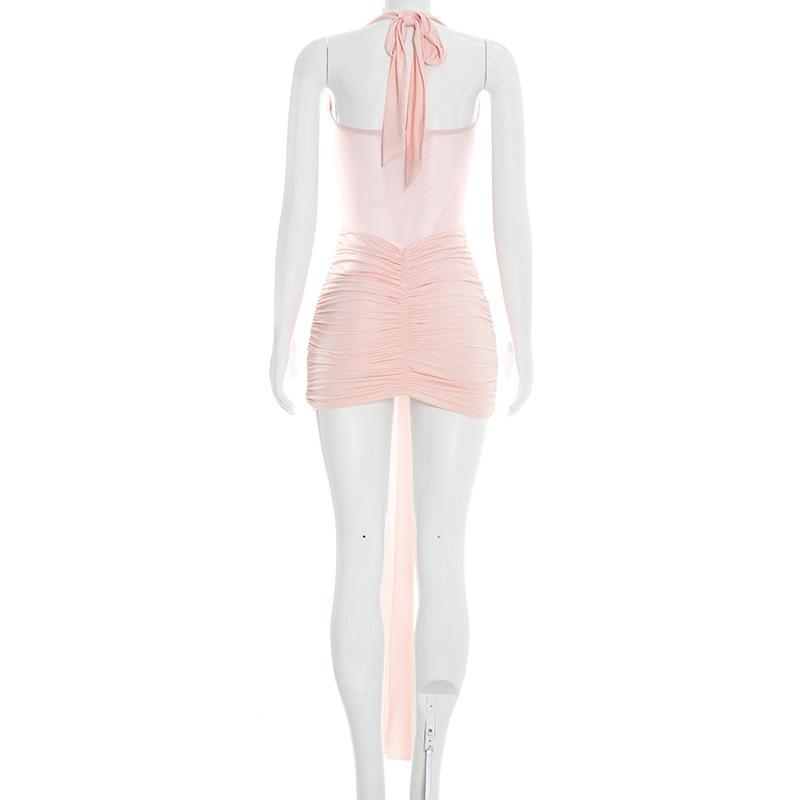 Women Casual Solid Color Mesh Patchwork Twisted Halter Short Bodycon Dress