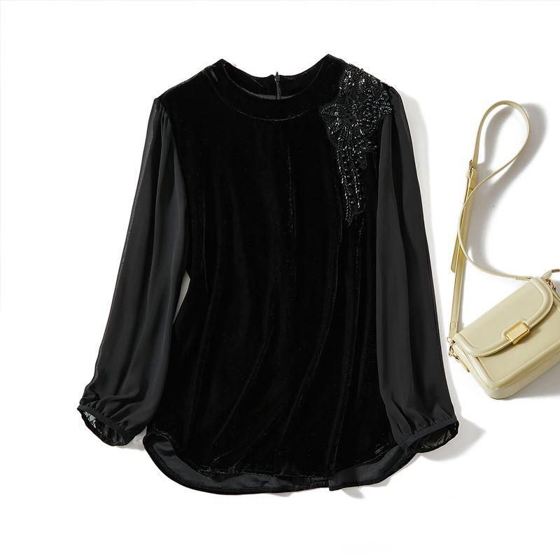 

Fancy Water Soluble Drill! Artistic Women s Fake Two-Piece Gold Velvet Pullover Hook and Eye Closure Shirt Winter Comfortable Bottoming Shirt Black 2XL