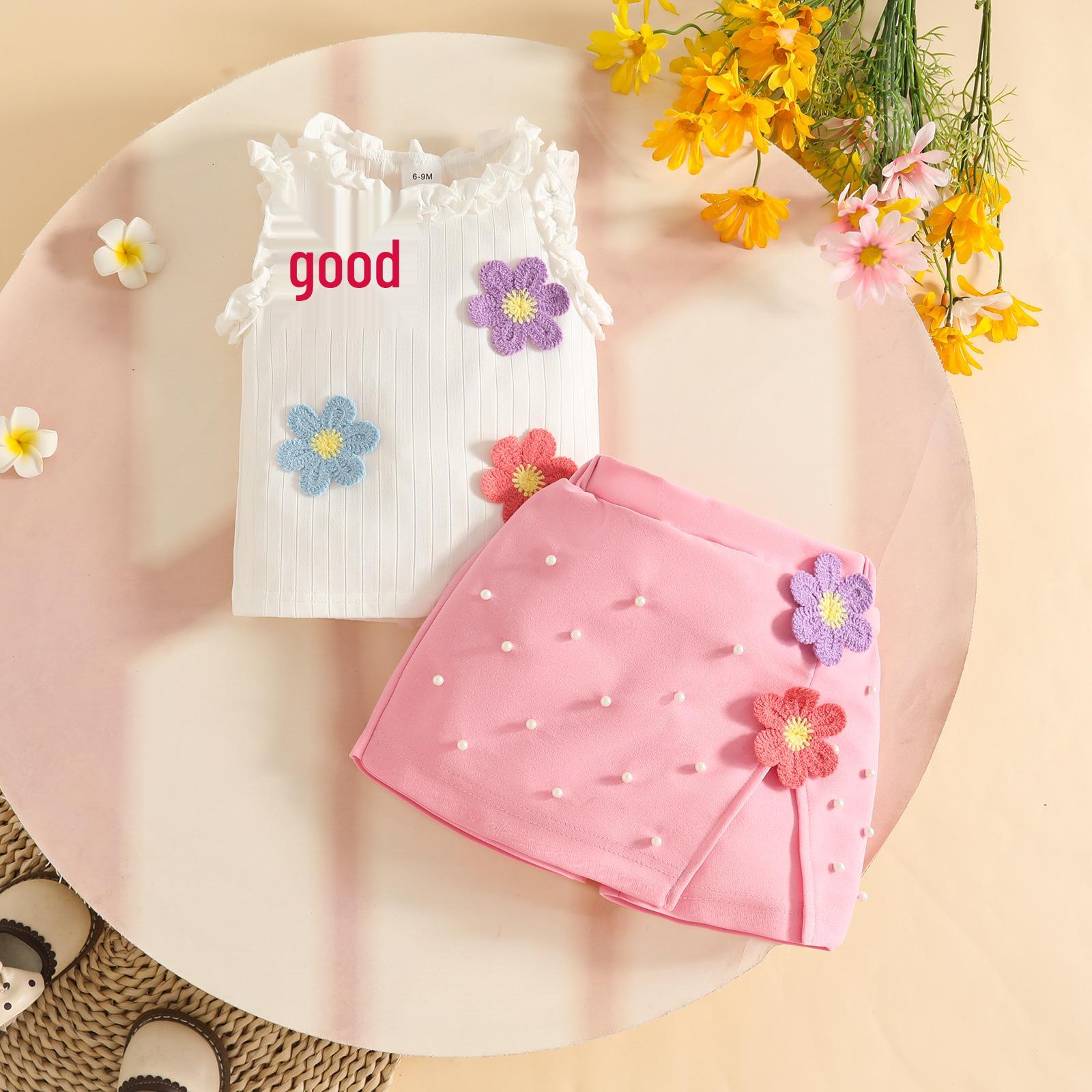 

Summer Pleated Lace Sleeveless Top & Beaded Skirt Pants Set for Girls 3 Years рожевий