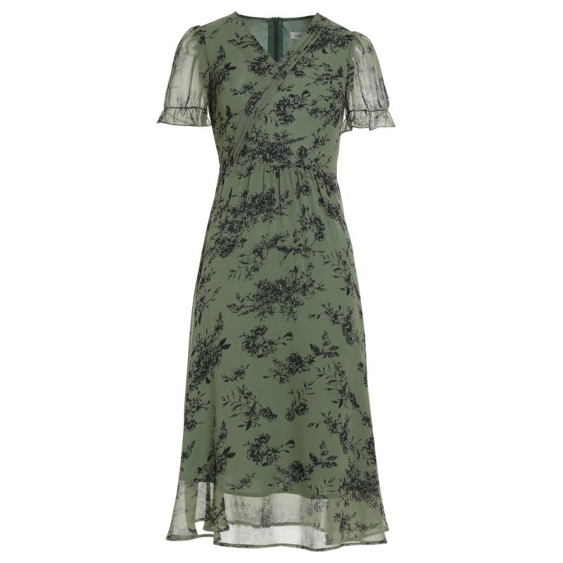 French Elegant V-neck Floral Dress for Women's Summer Collection, Waist Cinching, Bubble Sleeves, Vacation Tea Break Dress