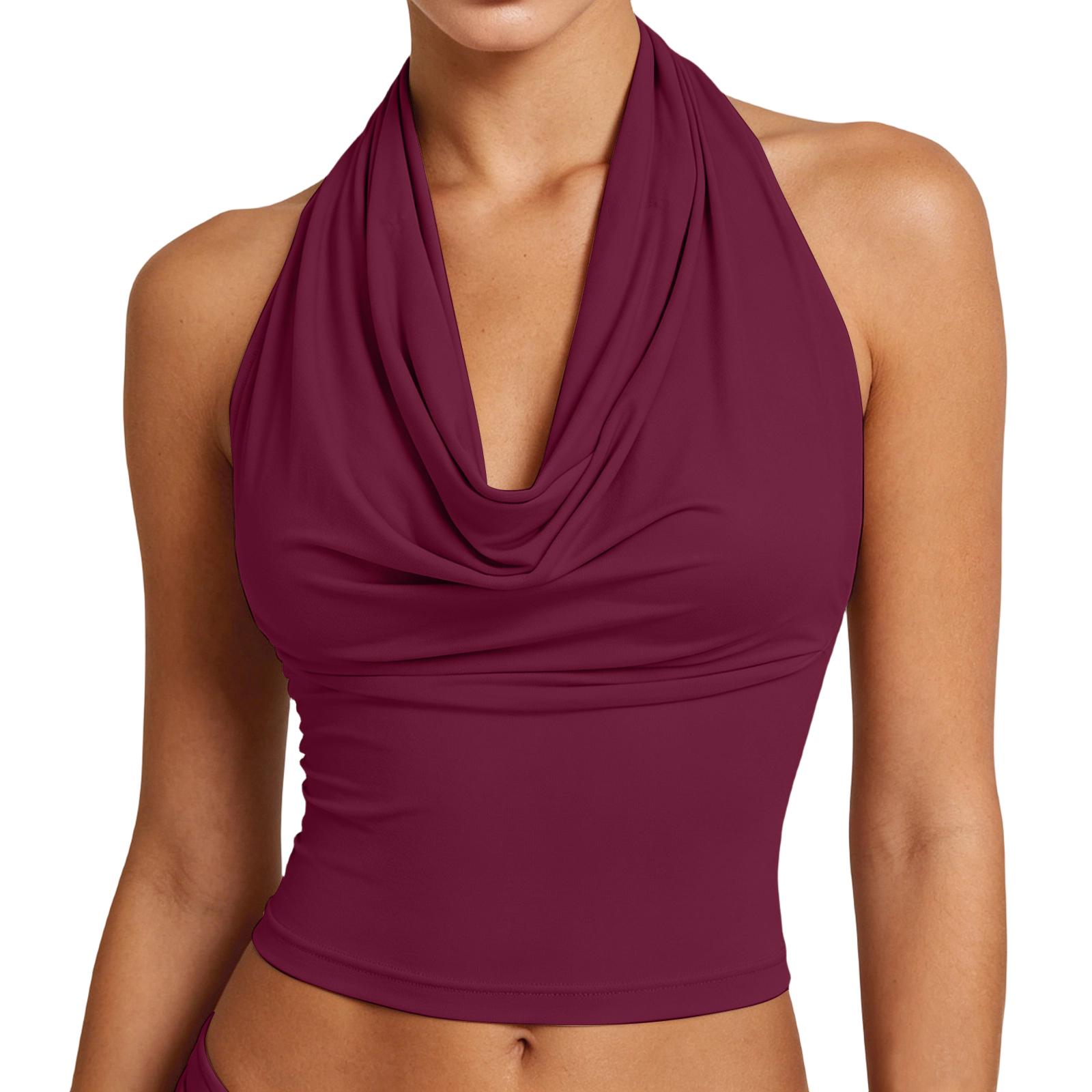 

Womens Neck Cowl Front Sleeveless Fitted Crop Top Stretchy Soft Fabric Casual Basic Tank Top L винный