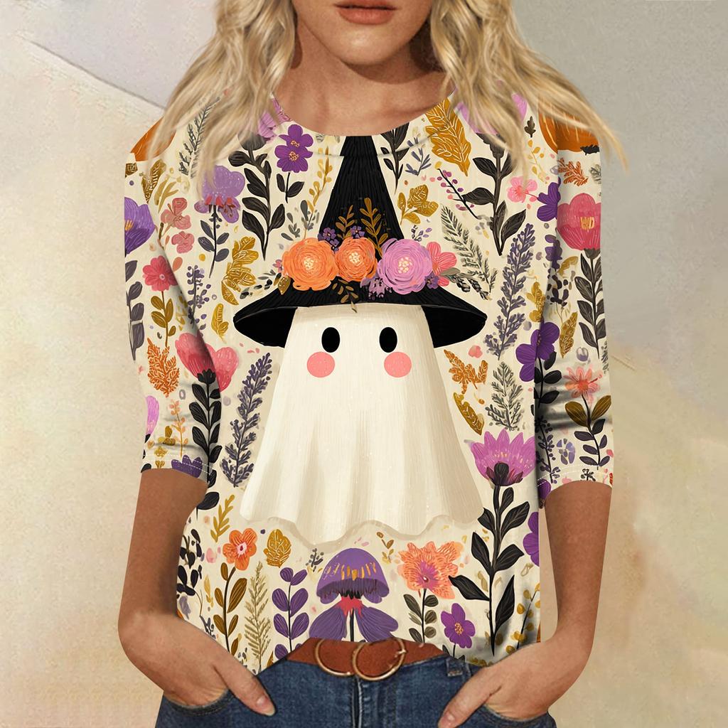 Women's Casual Crew Neck Three Quarter Sleeve Halloween Print T Shirt Top Lightweight Comfortable Fit for Everyday Wear