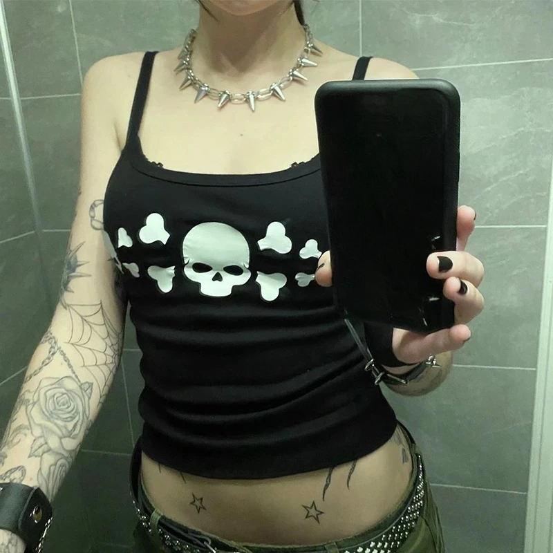 European and American Summer Y2K Printed Black and White Gothic Clothing Camisole Top
