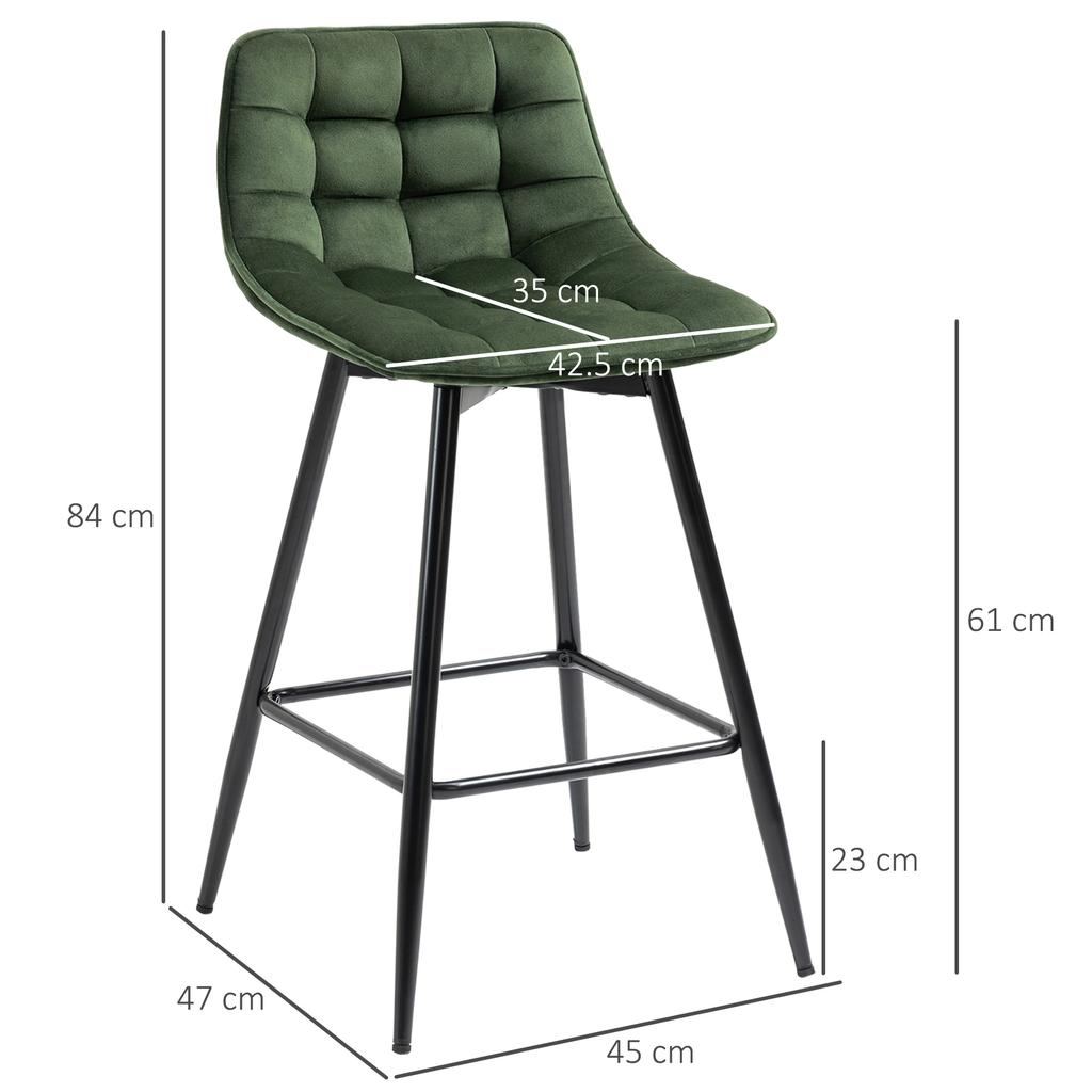 Set of 2 Bar Stools with Backrest and Footrest Nordic Style In Metal and Velvet, Green, 45x47x84cm
