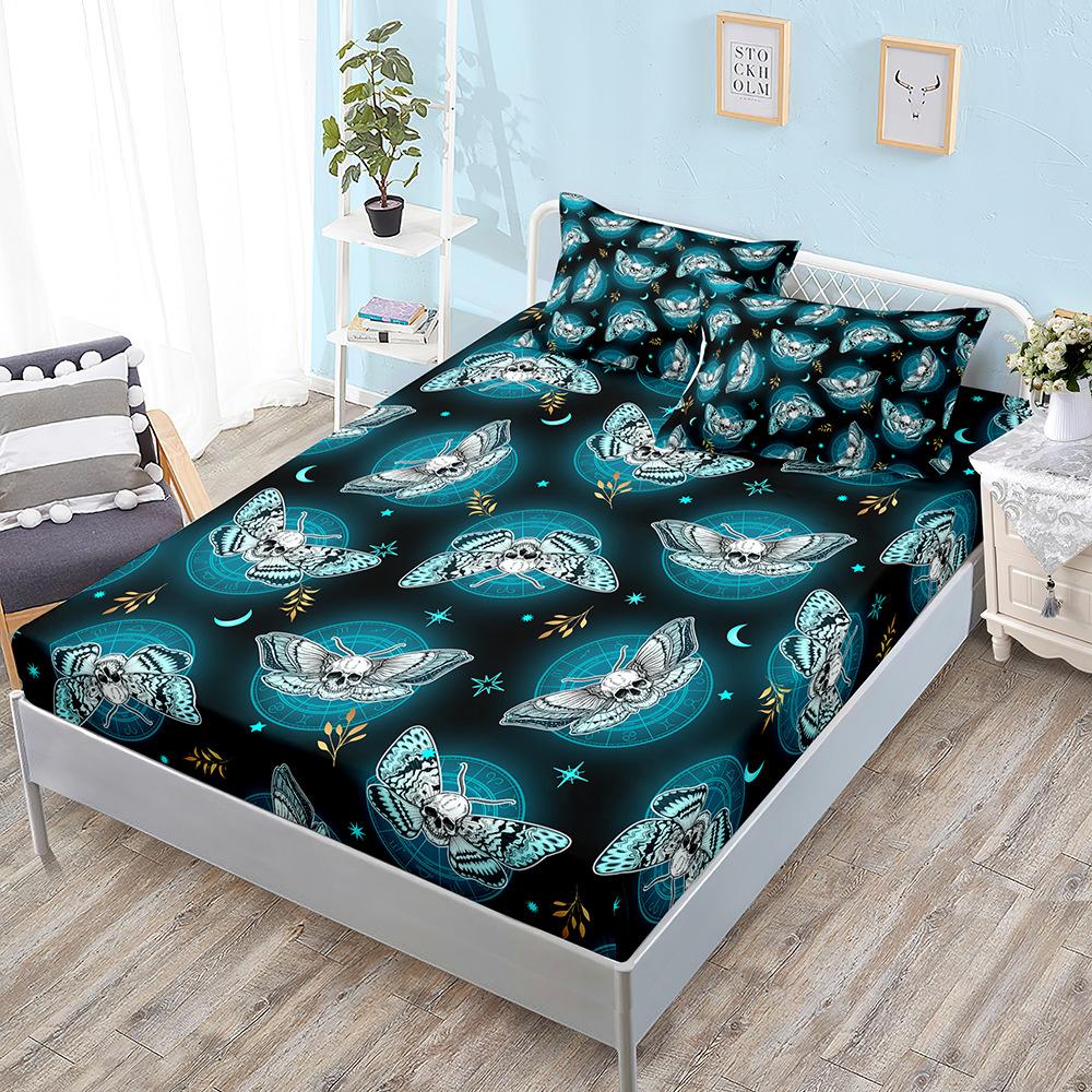 Flower Skull Mattress Three-Piece Set, Bed Cover, Pillowcase, Mattress Protective Cover, Bed Sheet All Inclusive