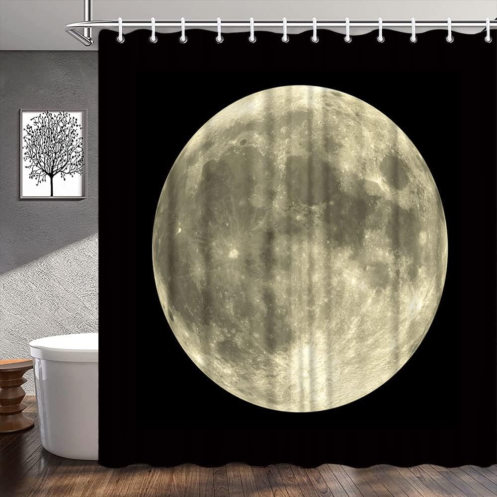 Full Moon Shower Curtain Mysterious Gray Planet Black Background Bathroom Decor Fabric Curtains with Hook 70Wx70H Inches