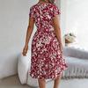 Women Floral Pleated High Waist A Line Long Dress Short Sleeve Spring Summer