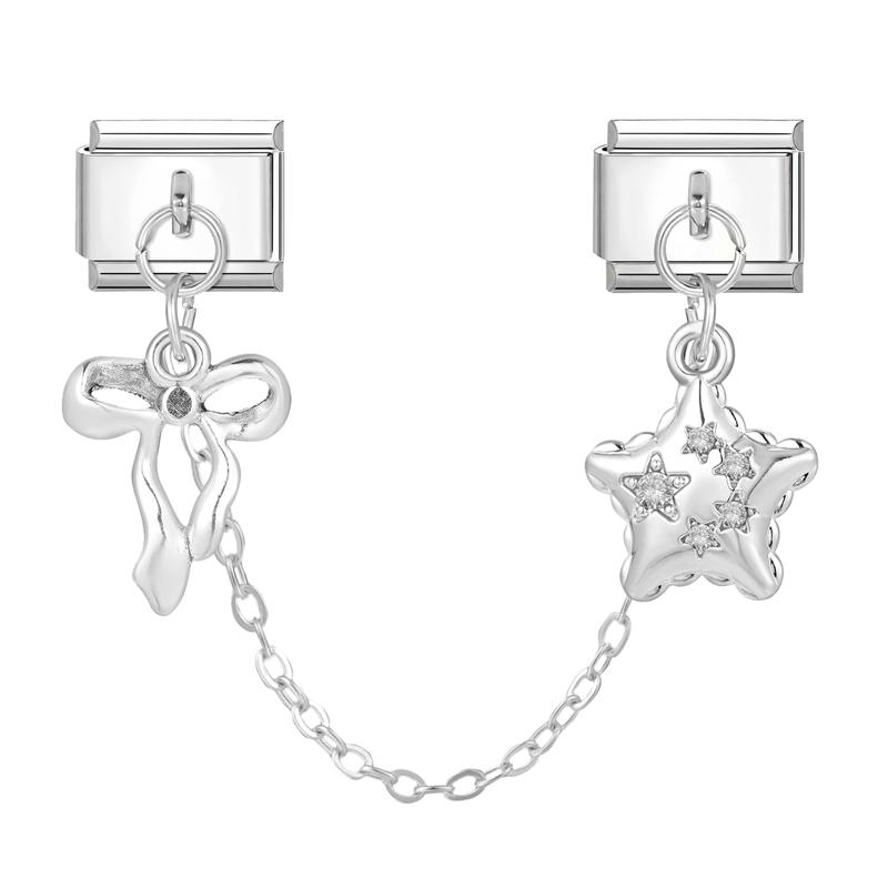 Zircon Bow Knot Moon Butterfly Star Cat Paw Tassel Chain Italian Charm Links Fit 9mm Stainless Steel Bracelet Women DIY Making