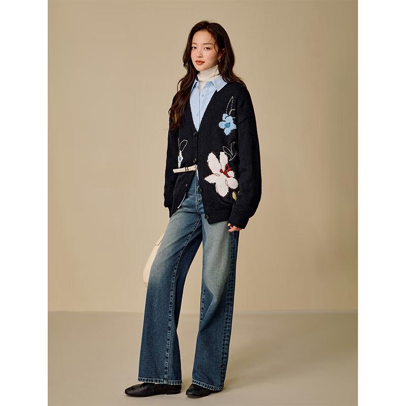 INMAN 2025 Winter Women's V-Neck Wool Blend Embroidered Floral Knit Cardigan