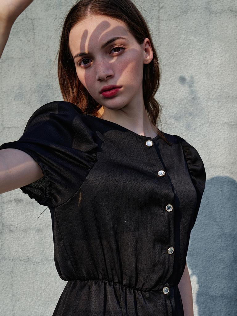 Sorry, Too Much Love Jacqueline Puff Sleeve Satin Dress_Black