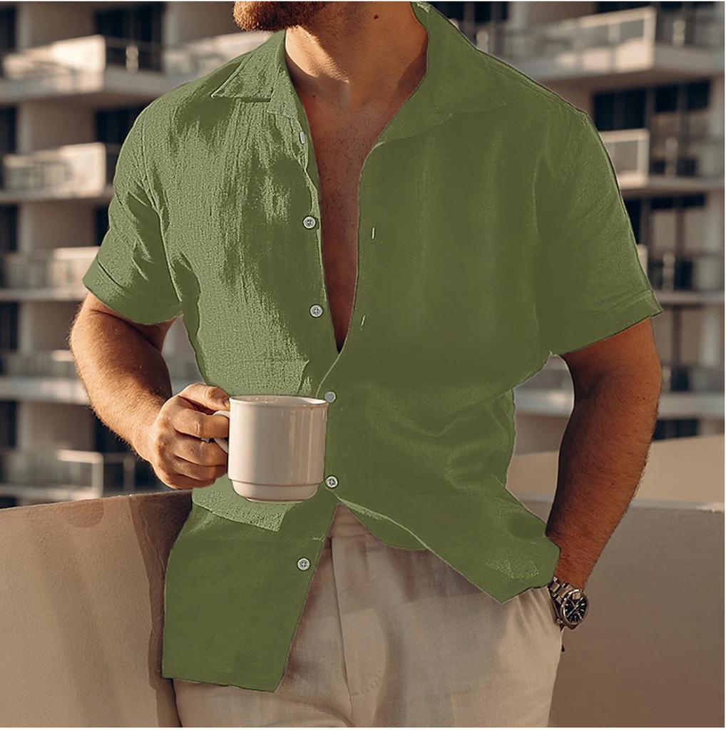 Men's Cross-Border Linen Button Casual Shirt Summer Beach Shirt Short Sleeve Plain Lapel Casual