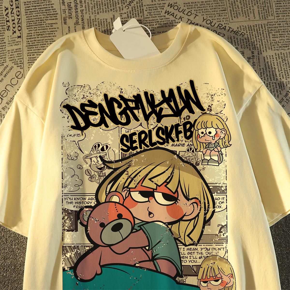 

Korean cartoon retro printed short sleeved Tshirt fashionable plus size loose fitting mens and womens top shirts for women M