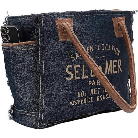 Холщовая ручная сумка Большая сумка из переработанного холста и воловьей кожи Сумка — фото 8