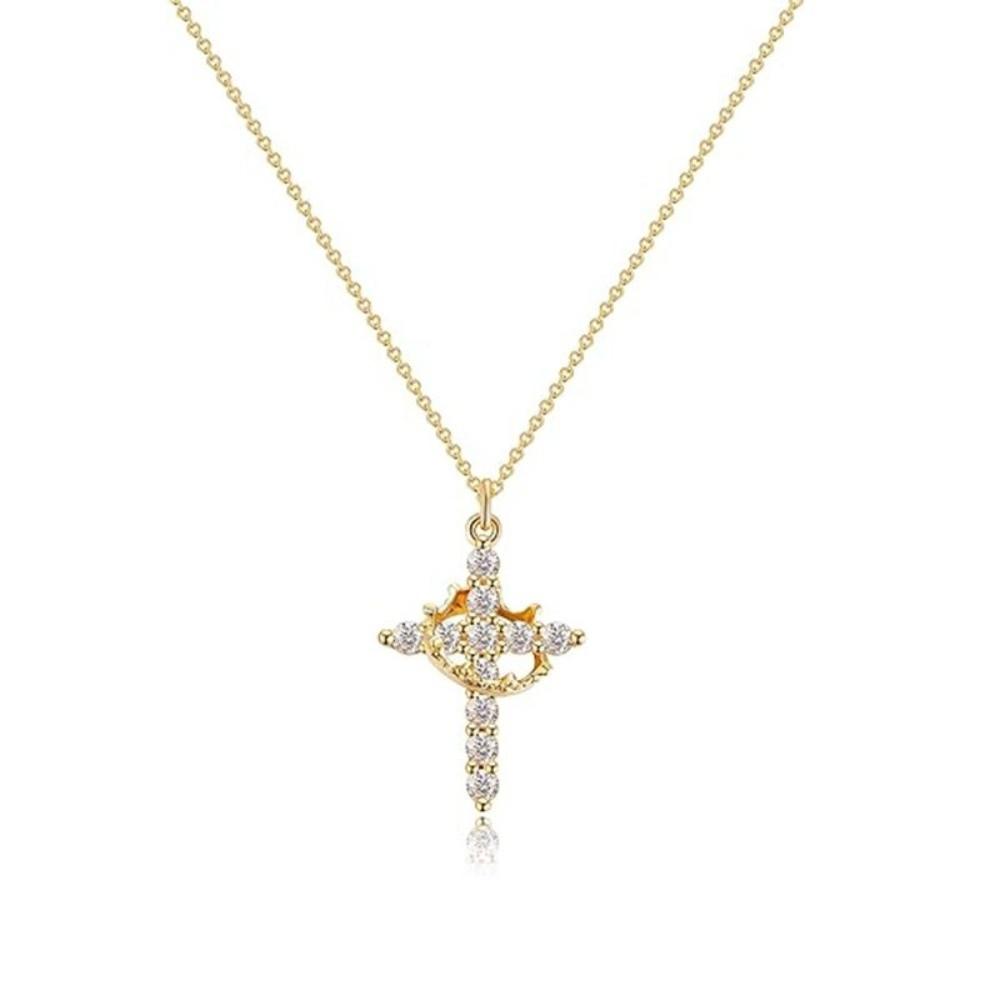 

Non Tarnish Cross Necklace Rotatable Crown Rhinestone Minimalist Chain Prayer Gift Style C