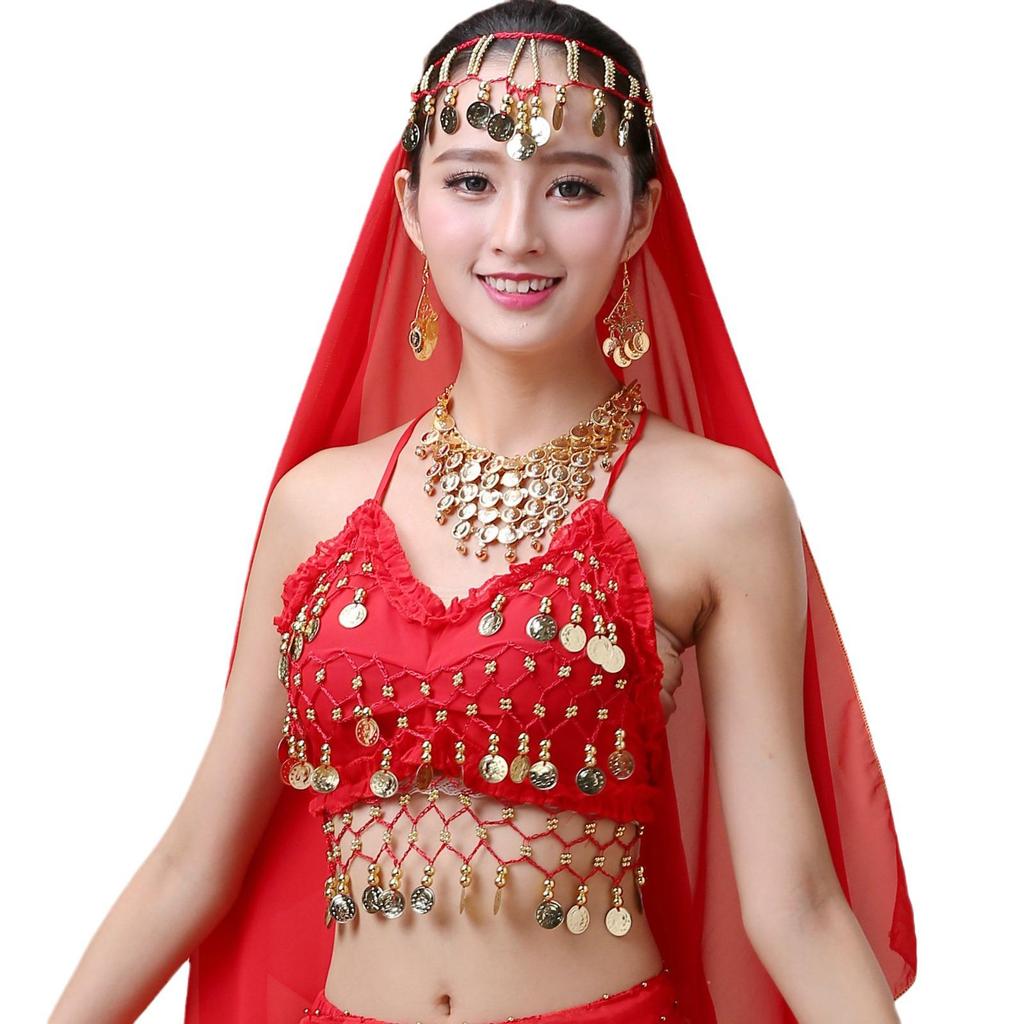 Belly Dance Performance Jewelry Set: Headdress, Veil, Necklace, Earrings, Head Chain, Ring, Bracelet