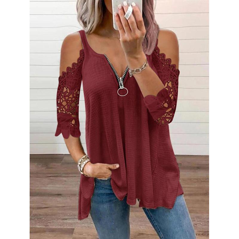 Summer Sexy Plus Size Lace T-shirt Women's Clothing Tunic Casual Elegant Half Sleeve Tops V Neck Zipper Off Shoulder Oversized Tees