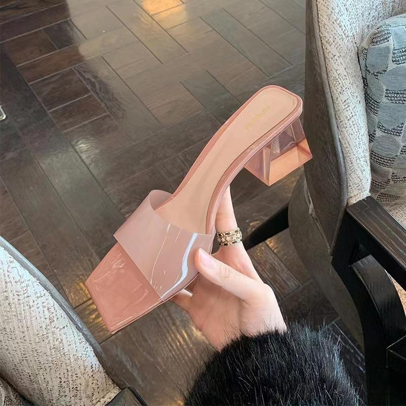Transparent crystal slippers women's outer wear 2025 summer new thick high-heeled square-toed cool slippers women's summer outer wear summer
