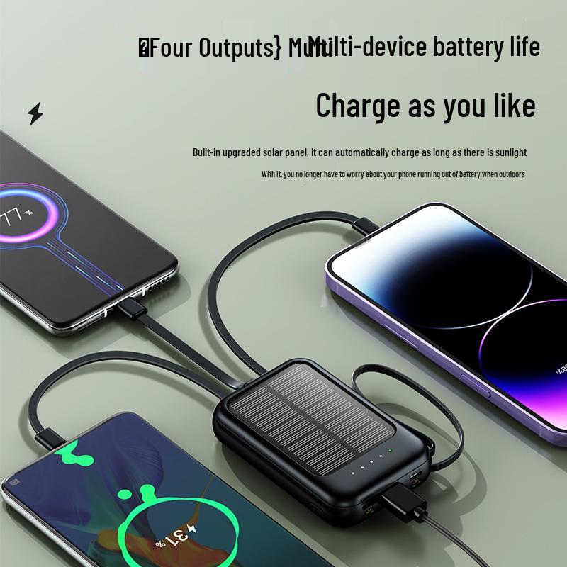 KC Solar Power Bank, 20000mAh, Compact, with 4 Built-in Cables - Ideal Gift for Mobile Charging