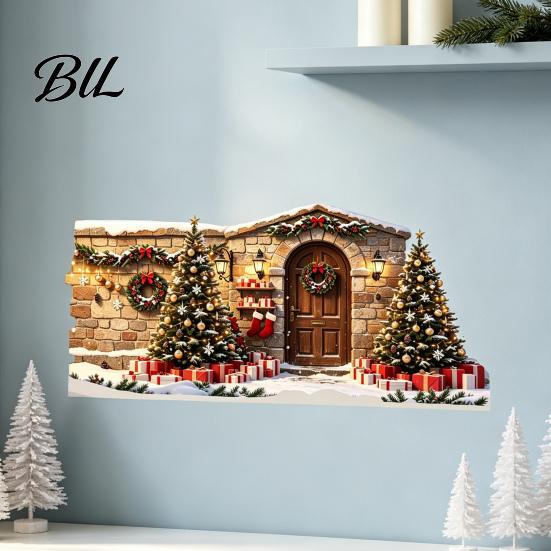 Christmas Theme Stickers Snow House Wall Sticker, Removable Self-Adhesive PVC Decals Scene Decal, Waterproof Decorative Decal for Holiday