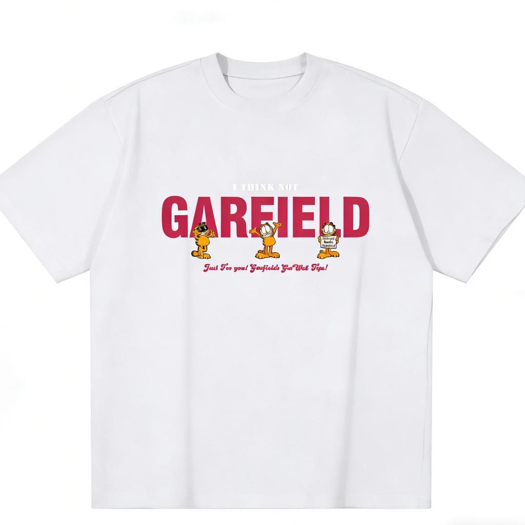 Garfield "I THINK NOT" Funny Expression Print Short Sleeve T-Shirt, American Streetwear Brand Heavyweight Cotton Loose Fit Oversized Couple Top