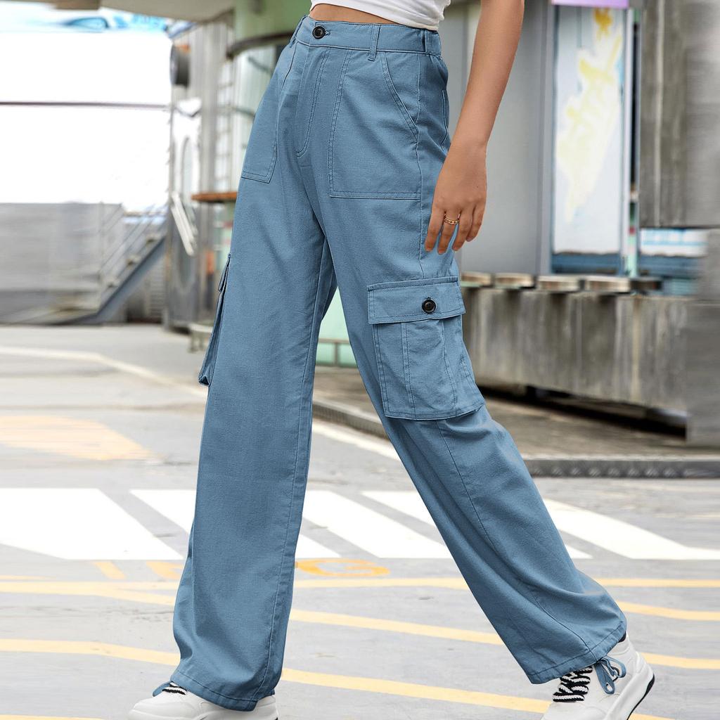 Women's Casual Street Style Multi-pocket Straight High Waist Slim Wide Leg Work Trousers