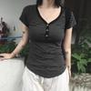 New Short Sleeved Stripes T-shirt Retro V-neck Slim Fit Casual Summer Blouse Fashion Elegany Simple Basic Tees Shirts Buttons Simple Clothing