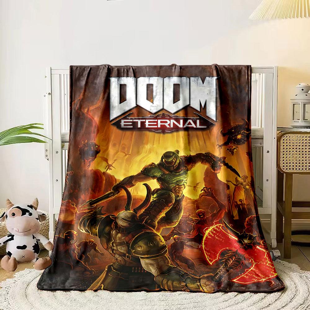 A warrior fights demons amidst fiery chaos with glowing weapons. for all seasons blanket lunch break throw gift