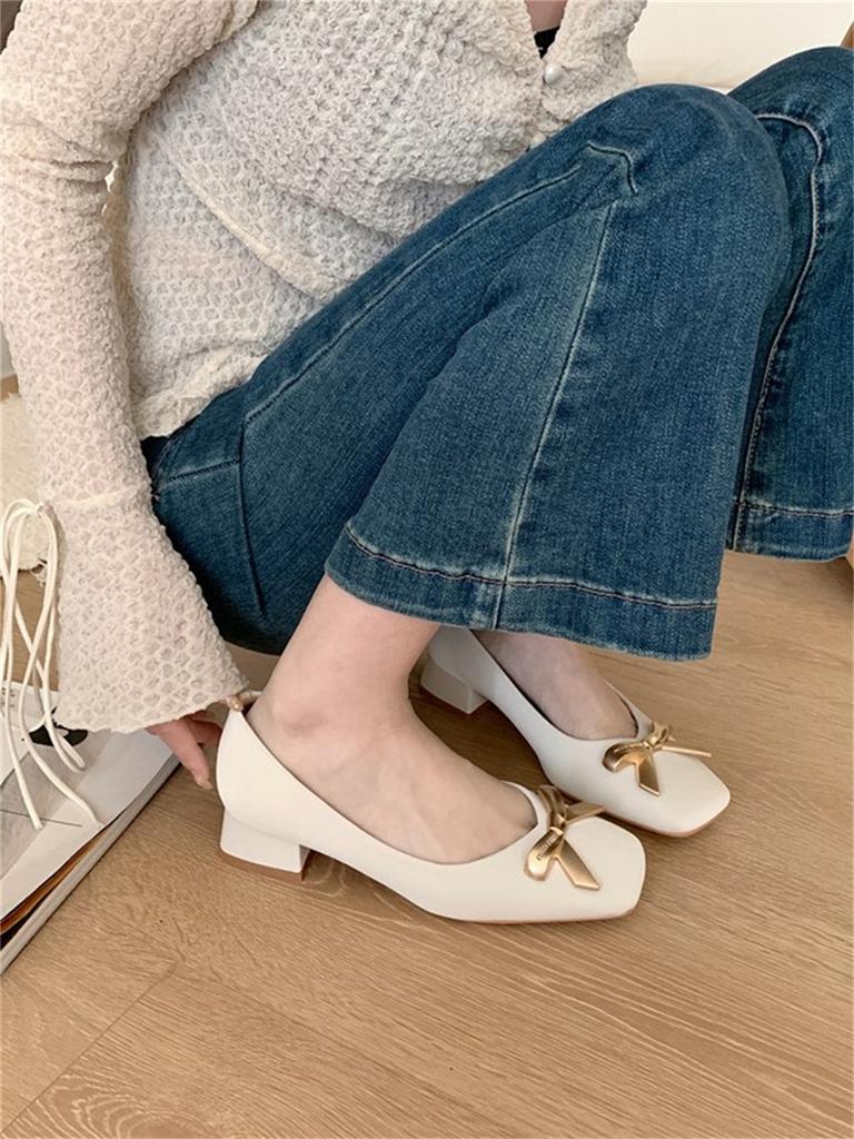 2025 Spring and Autumn New Fashion Versatile Temperament High Heel Light Mouth Bow Versatile Thick Heel Single Shoes Women's Shoes