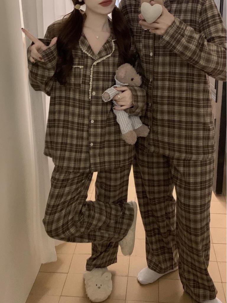 Japanese & Korean Style Couple's Plaid Lace Long-Sleeve Pajama Set