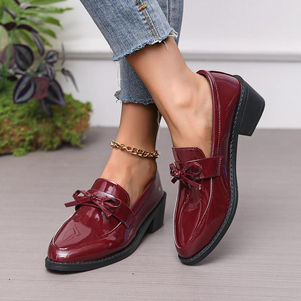 Fashion PU Leather Women's Shoes 2025 Spring Pointed Toe Slip-on Women's Casual Loafers Elegant Bow Office Med Heel Shoes Zapatos Mujer
