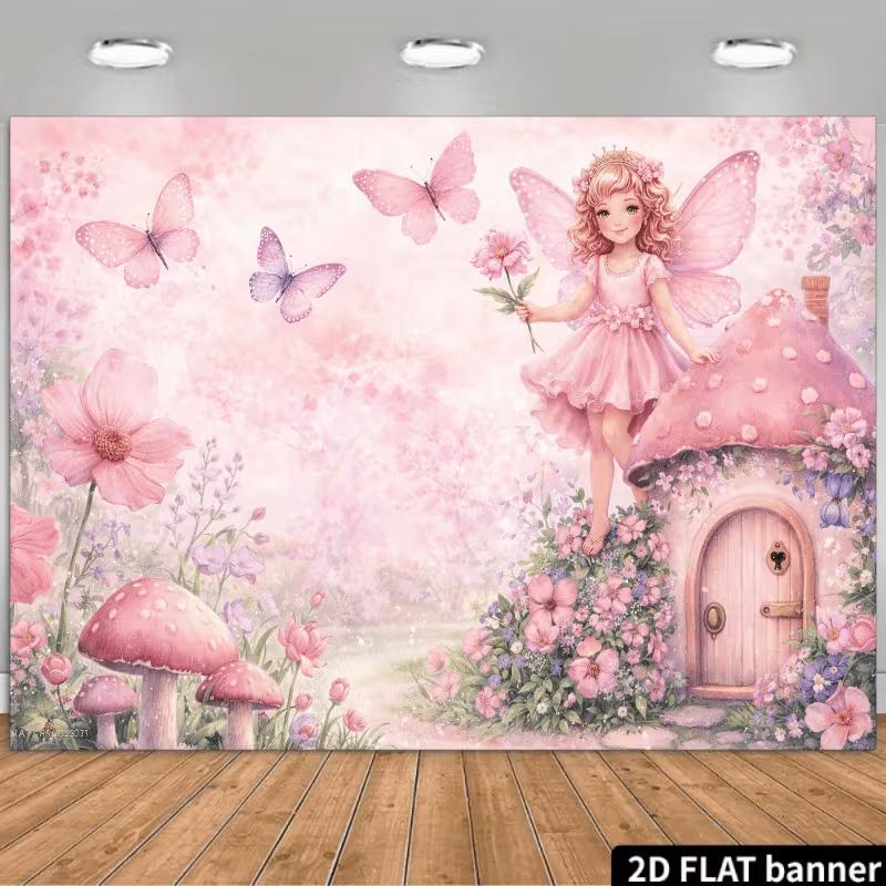 

2D Pink Fairy Photo Backdrop Floral Mushroom Butterfly Kids Party Background Cloth 47.2x31.5inch/120*80cm