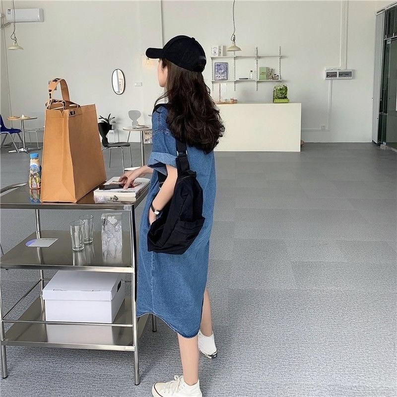 Women's Blue Denim Dress Single Breasted Lapel Shirt Skirt Korean Fashion Commuting Style Long Skirts