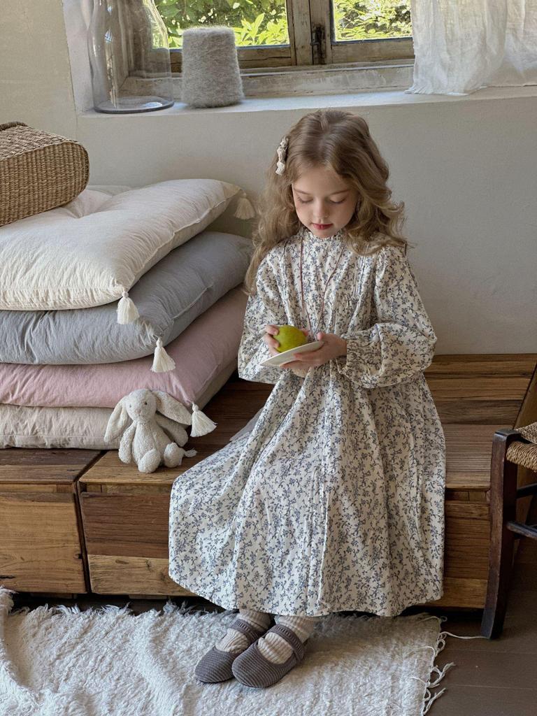 Dziewczęca wiosenna sukienka księżniczki z długim rękawem w kwiaty na rok 2025 - Moda dziecięca w stylu koreańskim