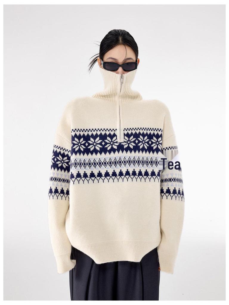 Unisex Röd Retro Fair Isle Halvdragkedja Hög Halsstickad Tröja