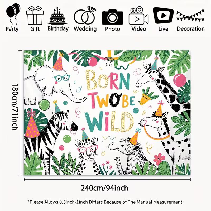 

2D Jungle Themed 2nd Birthday Backdrop Cloth for Photo Booth & Decor 47.2x31.5inch/120*80cm
