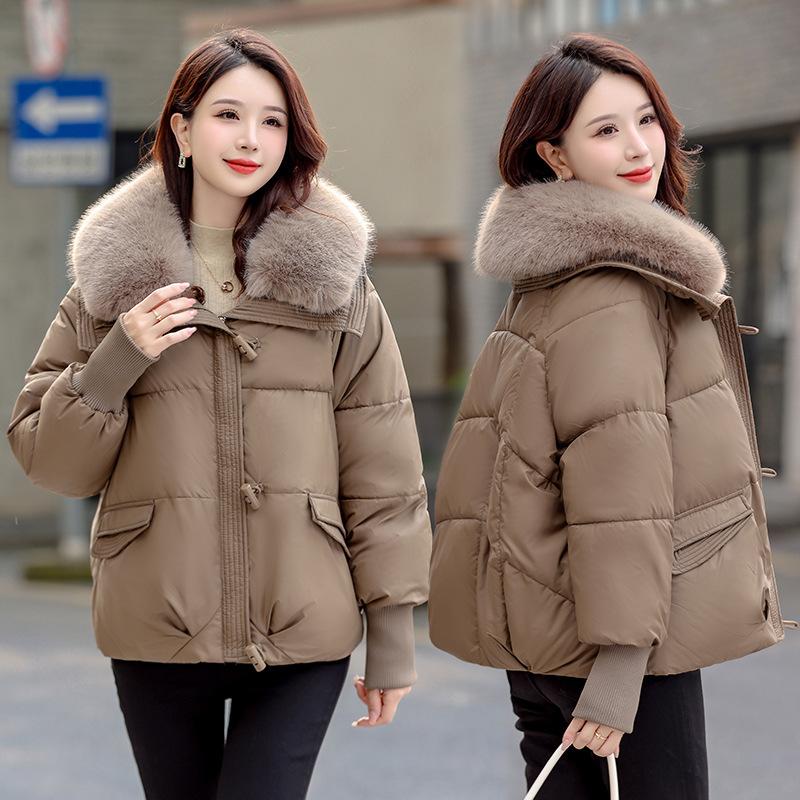 

Короткая пуховая хлопковая одежда женская зимняя новая модная свободная куртка с большим меховым воротником, утолщенная теплая XXL хаки