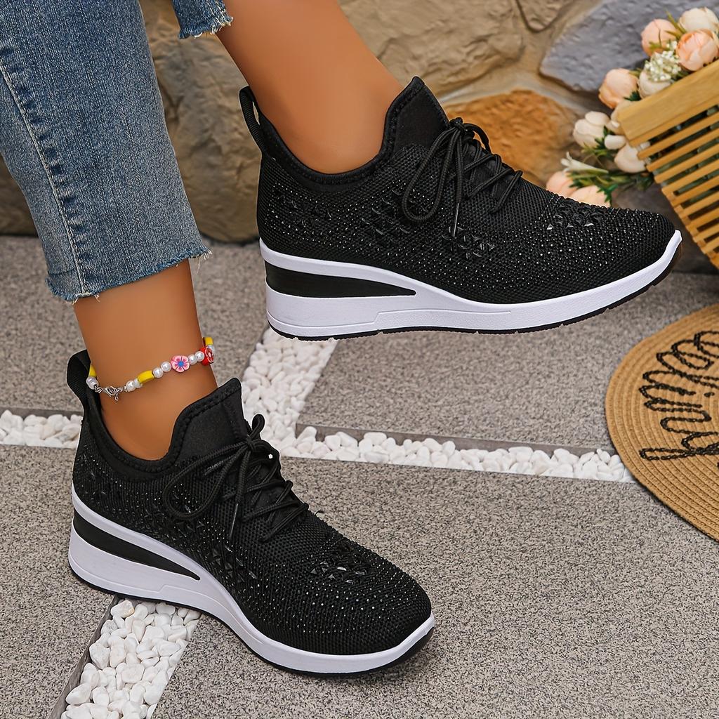 Glittery Rhinestone Women's Thick Sole Sneakers Breathable Non-Slip Fashion Sneakers with Lace-Up Casual Comfortable Shoes
