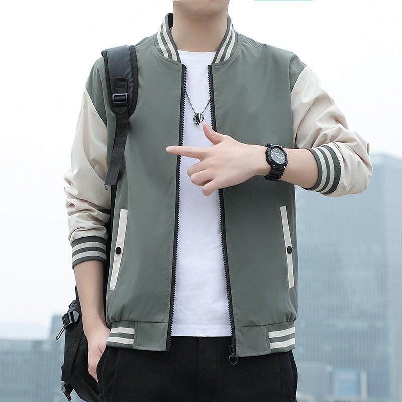 Mens Casual Baseball Jacket Lightweight Loose Fit Stand Collar Zip-Up Outerwear Youth