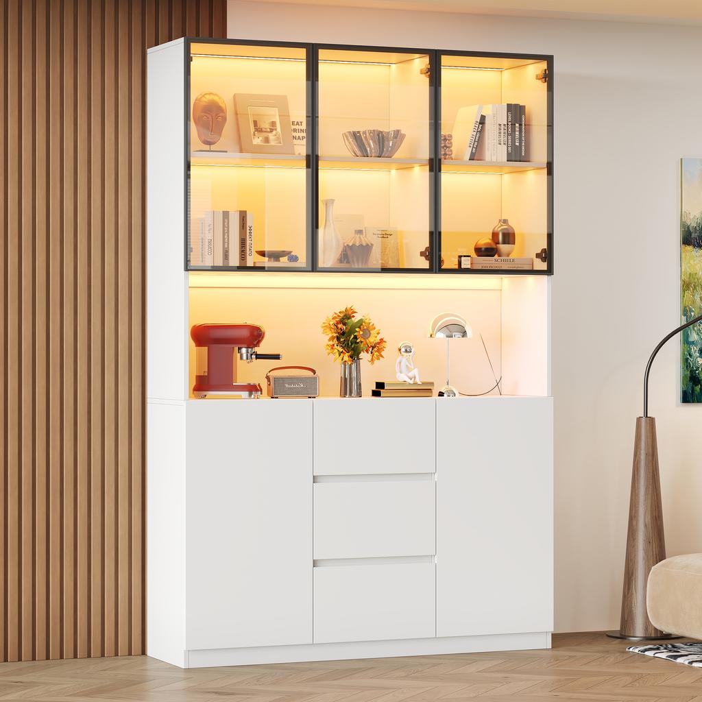 Vetrina in Vetro Illuminata a LED 120×40×200 cm – Vetro Temperato con Ripiani, Tre Cassetti e Due Ante, Versatile per Soggiorno e Sala da Pranzo
