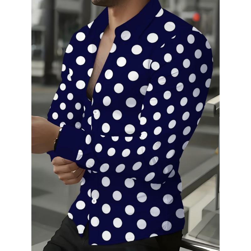Men's Polka Dot Collar Long Sleeved Shirt Casual Shirt European and American Trend Daily Commuting Formal Top