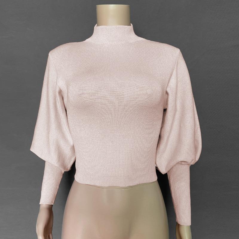 Autumn and Winter Women's Net Color Knitted Lantern Sleeve Long Sleeve Pullover Turtleneck Wool Sweater