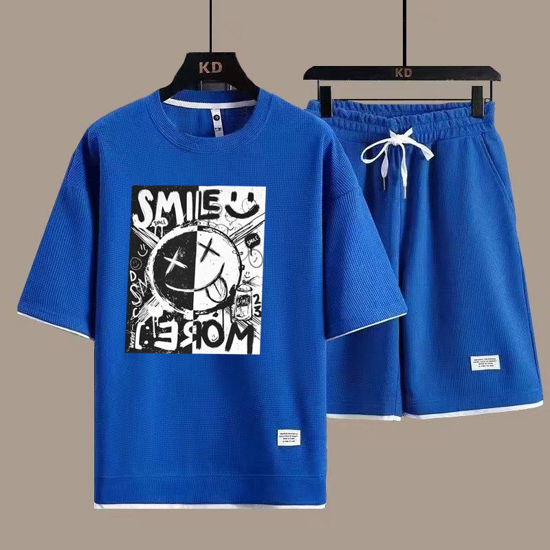 Waffle Mens Set Summer T-Shirt Shorts Tracksuit Mens Streetwear Short Sleeve 2 Pieces Set Casual Men Sports Suit Clothing