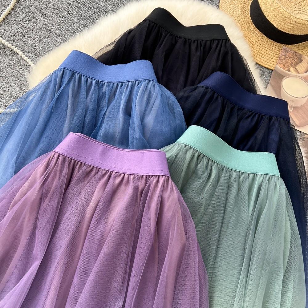 Qooth Elegant Gradient Color Tulle A Line Mini Pleated Skirt Tiered Elastic Waist Women Skirt QT2626