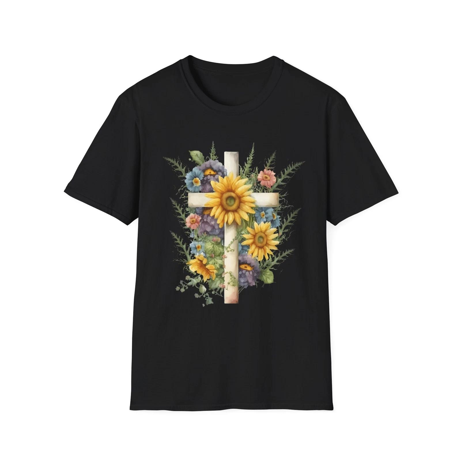Floral Cross T-Shirt, Sunflower Tee, Gift for Garden Lovers, Spring Style, L