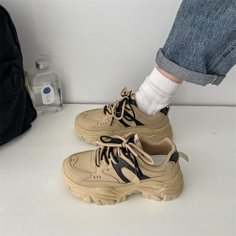 

Женская осенняя обувь для папы, новая кожаная повседневная спортивная обувь с двойным кружевом, толстой подошвой и универсальным увеличенным круглым носком 40