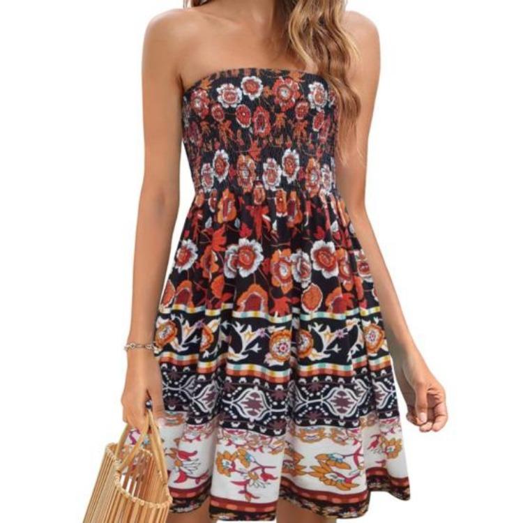 Abito estivo senza spalle da donna, a fascia, senza maniche, schiena scoperta, stile bohémien, stampa floreale, linea ad A, elastico sul busto, lunghezza al ginocchio, abito da spiaggia per le vacanze