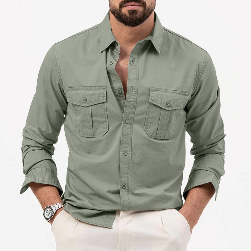 New Long-sleeved Men's Shirt with Multiple Pockets for Casual Wear