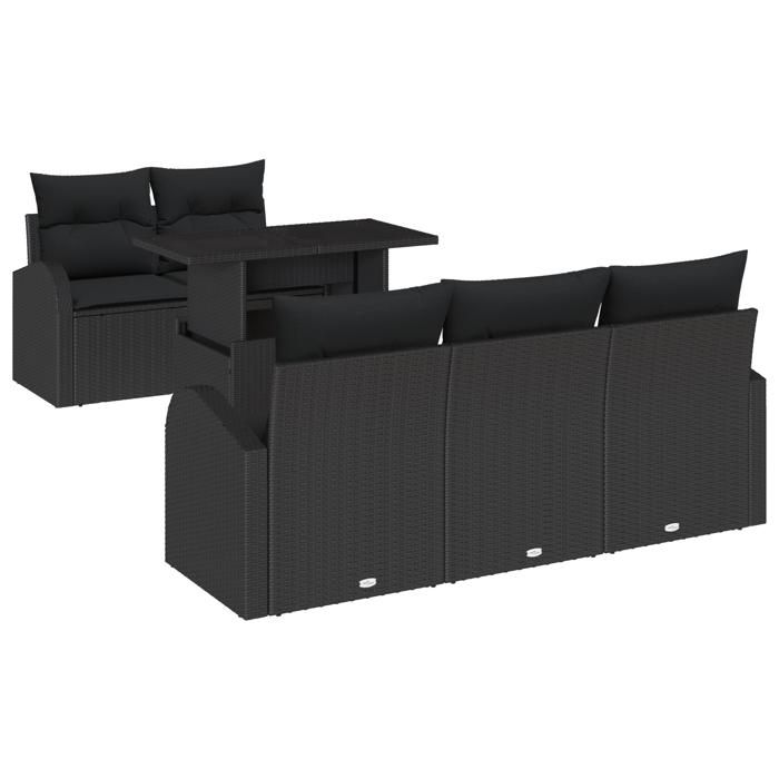 Ensemble de Canapés de Jardin en 6 Pièces avec Coussins Noir Poly Rotin, Canapé de Jardin 2 Places avec Rangement 3357296