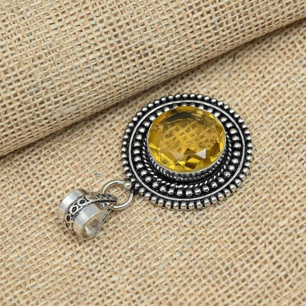 Citrino Topázio Gemstone 925 Prata Esterlina Sólida Pingente Feito à Mão Jóia Única