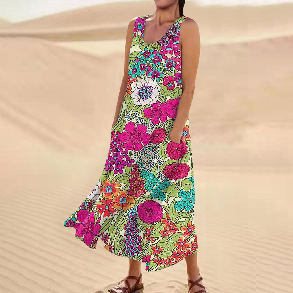 Γυναικείο Casual Άνετο Φόρεμα με φλοράλ στάμπα αμάνικο βαμβακερό τσεπάκι